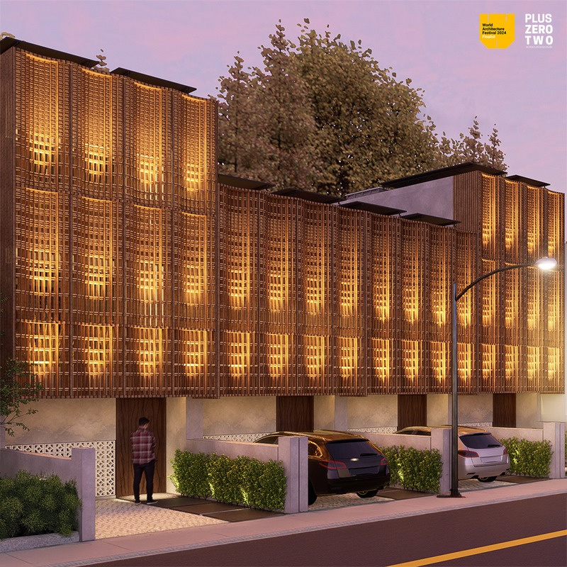 Street facade of Balai Ani with deep timber screens