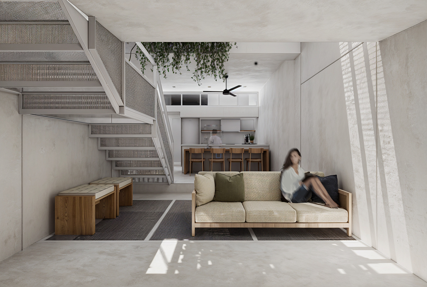 Living space and open stair within Balai Ani